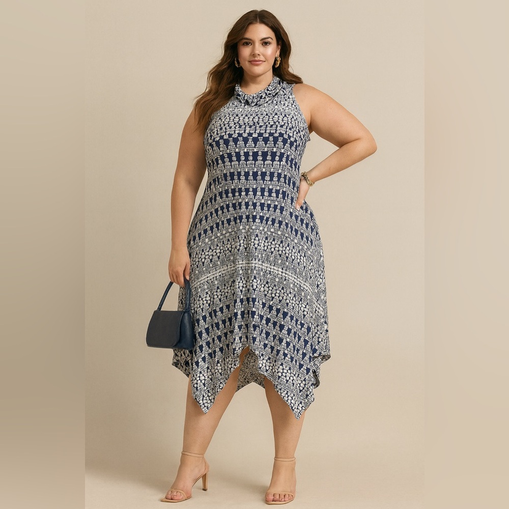 Jessica Simpson Asymetrical  Cut Navy and White Mock Neck Maxi Dress - Size 12